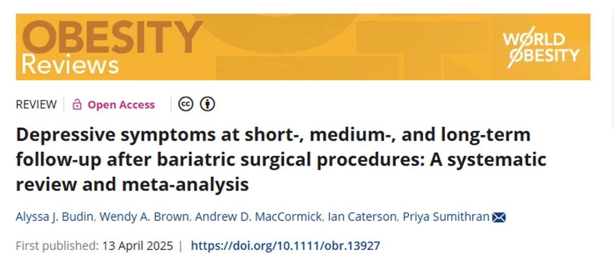 Alyssa Budin, PhD (@alyssabudin) on Twitter photo My research, "Depressive symptoms at short‐, medium‐, and long‐term follow‐up after bariatric surgical procedures: A systematic review and meta‐analysis", was recently published! Read it here: doi.org/10.1111/obr.13… #publishedarticle <a href="/wileyinresearch/">Wiley in research</a> My research, "Depressive symptoms at short‐, medium‐, and long‐term follow‐up after bariatric surgical procedures: A systematic review and meta‐analysis", was recently published! Read it here: doi.org/10.1111/obr.13… #publishedarticle <a href="/wileyinresearch/">Wiley in research</a>