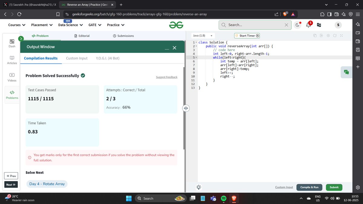saurabhkjha21's tweet image. #Day03 of #gfg160 DSA Challenge
Problem:-Reverse an Array
#geekstreak2025 #gfg160 #GFG