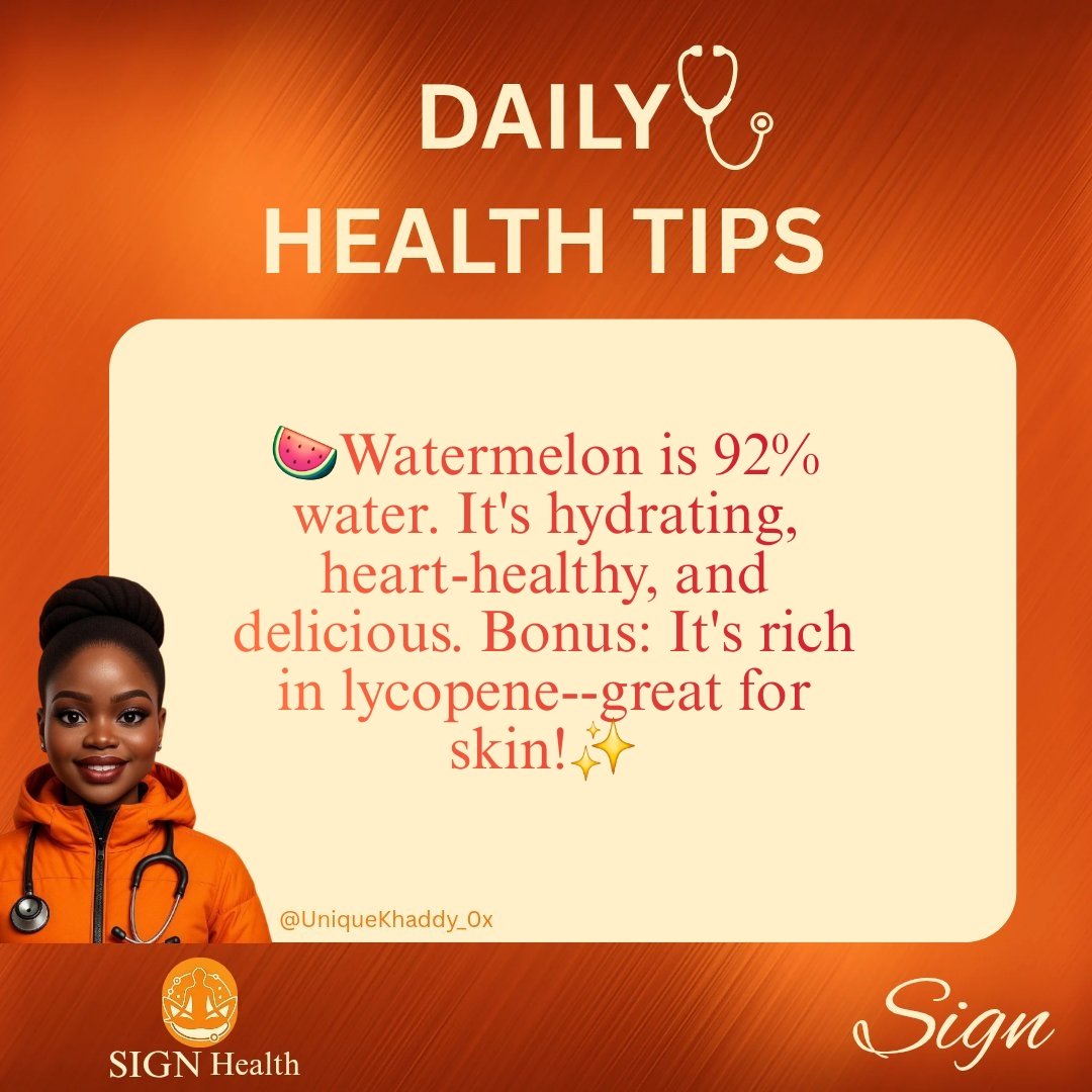 UniqueKhaddy_0x's tweet image. SiGM from your favorite SIGN Nurse✨️ ✨️ 🧡

Are you staying hydrated this coming summer months?? ☀️ 

Do well to take watermelons 🍉... it also helps your skin glow ✨️ 😉

Your Morning Health Alpha 🤭💯

#HydrationHack #SummerSnacks #SignHealth
