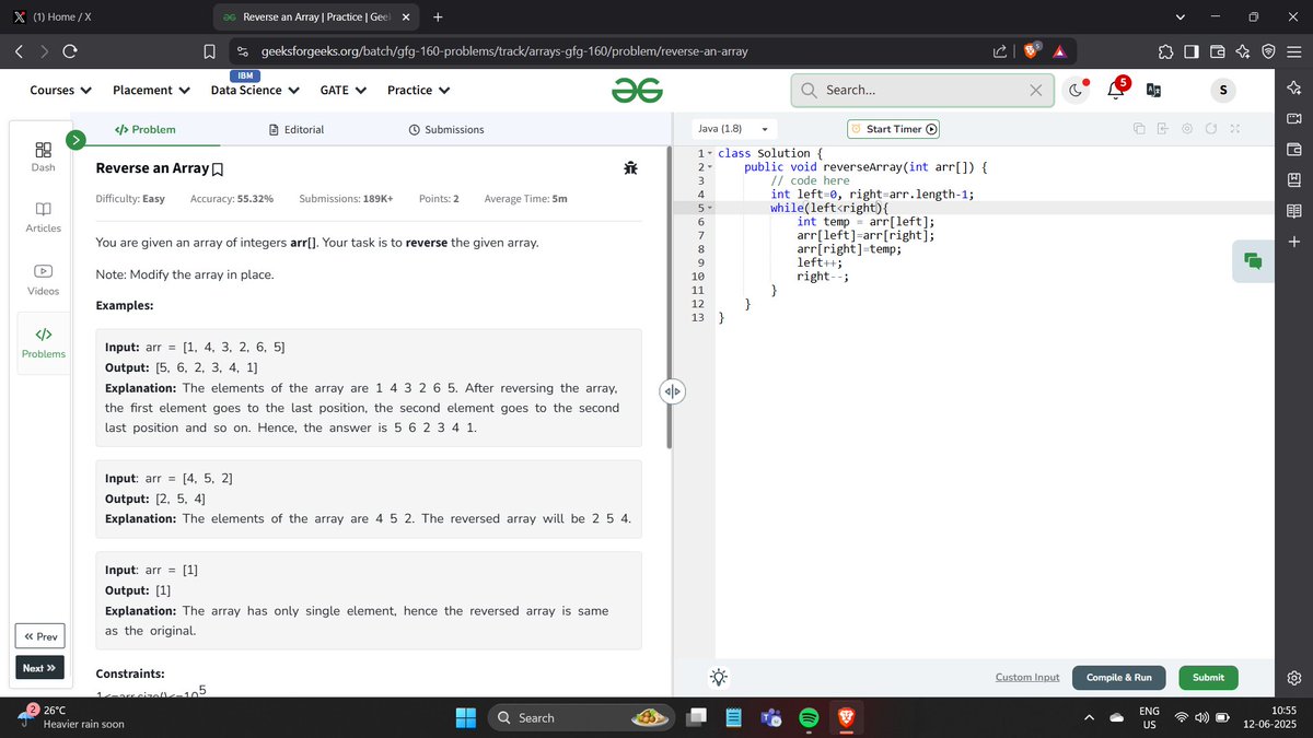 saurabhkjha21's tweet image. #Day03 of #gfg160 DSA Challenge
Problem:-Reverse an Array
#geekstreak2025 #gfg160 #GFG