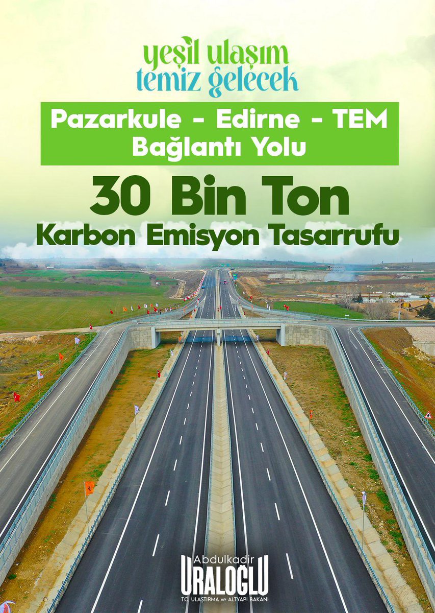 Yeşil Ulaşım, Temiz Gelecek 🌍

Pazarkule-Edirne-TEM Bağlantı Yolu ile;

♻️ 30 bin ton karbon emisyon tasarrufu sağladık. 

“Ulaşımda Yeşil Dönüşüm” ile
#TürkiyeHızlanıyor 🇹🇷