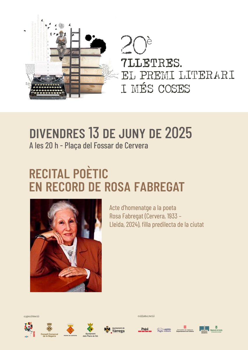 ✅ "7lletres. El premi literari i més coses" arriba a la 20a edició.

📚 Per commemorar-ho, <a href="/7lletres/">7lletres</a> organitza un extens programa cultural, que clou el divendres 4 de juliol amb el lliurament del 20è Premi 7lletres.

📍 Aquesta setmana #Cervera acull dos de les activitats: 👇