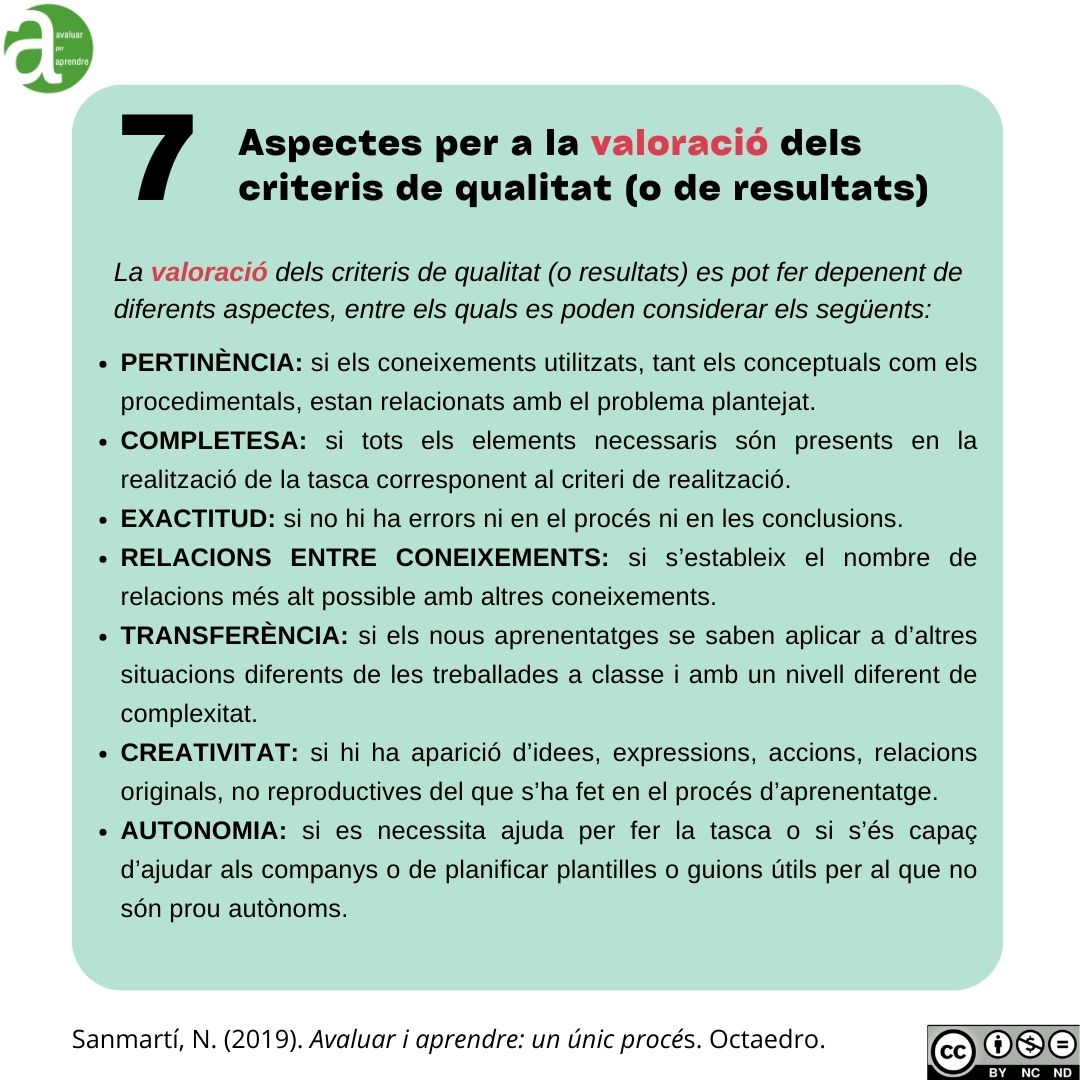 7 Aspectes per a la valoració dels criteris de qualitat (o de resultats)