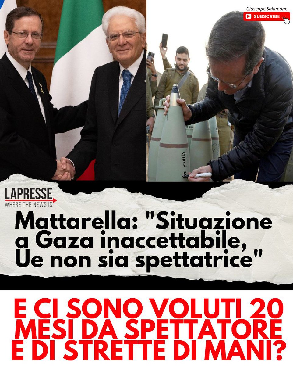 Dopo aver guardato per venti mesi, dopo aver aperto le porte del Quirinale a Herzog, presidente di israele che firmava le bombe e averlo accolto con tappeti rossi. 

Dopo averci raccontato che l'italia è amica di israele, facendo professione di fede anche davanti a Herzog mentre