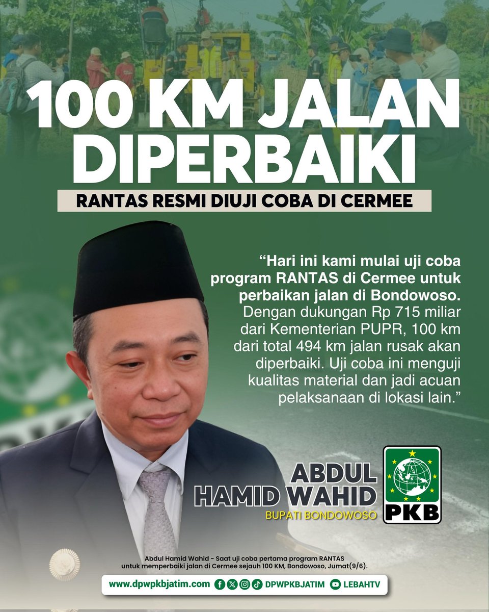 dpwpkbjatim_'s tweet photo. 100 KM Jalan Diperbaiki di Bondowoso!
Program RANTAS resmi diuji coba di Kecamatan Cermee, sebagai langkah awal perbaikan jalan sepanjang 494 km. 💪

#BondowosoBangkit #JalanDiperbaiki #RANTAS #InfrastrukturDaerah #PKB #AbdulHamidWahid #DPRD #DPWPKBJatim #Cermee #PUPR https://t.co/gFDyad1PSU
