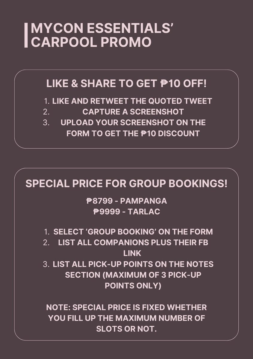 myconessentials's tweet photo. MYCON ESSENTIALS’ CARPOOL PROMO

① Like and Retweet to get ₱10 off!

② Special Price for Group Bookings!

If you wish to avail slot/s, kindly fill out this form: https://t.co/IX18Kq78Ol

🏷️ wts blackpink pampanga tarlac

#BLACKPINK #DEADLINE_IN_BULACAN #BLACKPINK_WORLDTOUR2025 https://t.co/A08lOtsaak