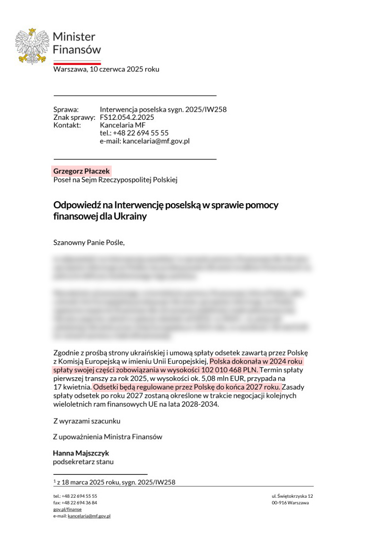 Nie chcę antagonizować, ale to jednak jest nienormalne! Podczas, gdy deficyt budżetowy na 2025 r. wyniesie w Polsce 289 miliardów złotych, Ministerstwo Finansów potwierdza - w odpowiedzi na moją interwencję poselską - że Polska wzięła na siebie spłatę odsetek za pożyczkę Ukrainy