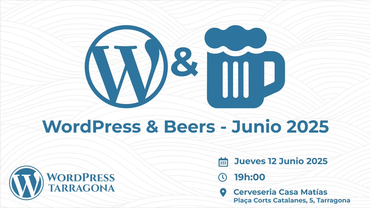 Esta tarde nos vemos para charlar sobre #WordPress, tecnología o el número aceptable de aceitunas en una ensalada, ¿qué más da? El caso es que si te quieres unir, eres bienvenido. No te olvides apuntarte. 
WordPress &amp; Beers – Junio 2025 wptarragona.com/wordpress-beer…