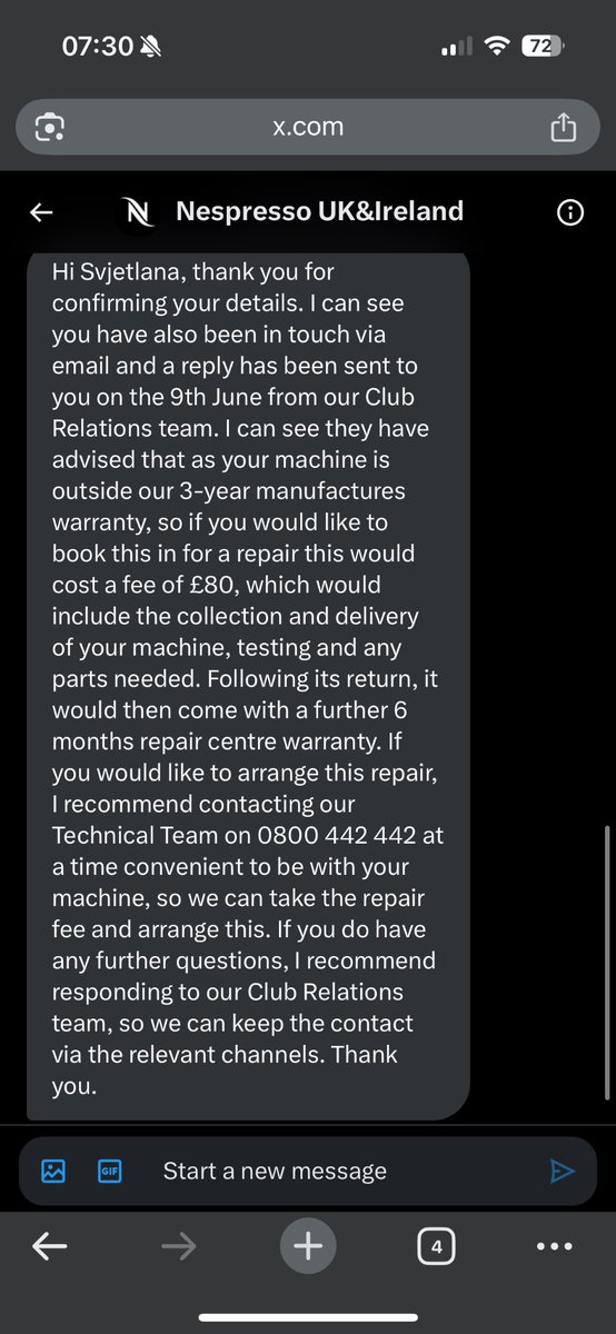 cecaholic's tweet photo. @NespressoUK  replied with policy parroting. Citing warranty terms, dodging the pattern of failure, and rerouting me back to the channel where they already said no.

Is this really how repeat faults under normal use are handled? https://t.co/zIdCYZ6Muz