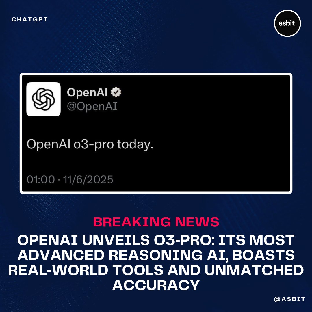 as_bit_'s tweet image. Just launched: OpenAI’s o3‑Pro, the most capable reasoning model yet 🚀! With real‑time web search, file analysis, vision, Python execution &amp;amp; memory—and human‑rated +64% more reliable—it’s designed for high‑stakes tasks. Trade‑off: speed &amp;amp; cost. #AI #DeepReasoning 🤖