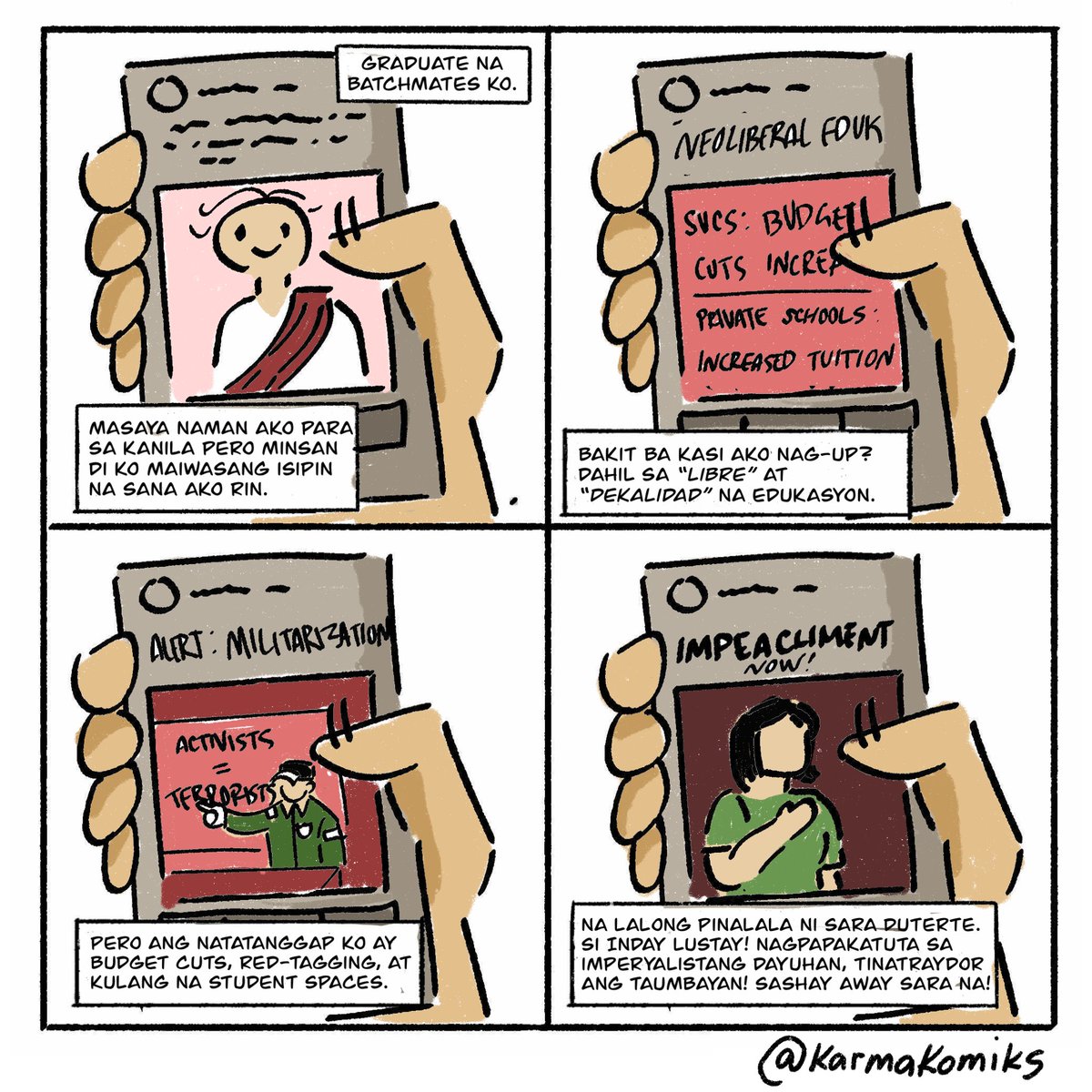 Huwad ang ating Kalayaan,

Hangga't nakakahon pa rin ang mga estudyante sa sistemang pang-edukasyong maka-dayuhan.

Kung krimen ang pagtatanggol ng ating mga karapatan.

Huwad ang ating Kalayaan, habang wala tayong kibo sa paglustay ng kaban ng bayan. 

#HNK2025
#HuwadNaKalayaan