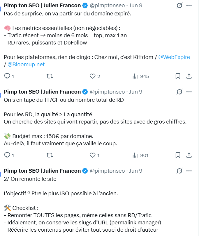 Synthèse des bonnes pratiques pour remonter un domaine expiré, par <a href="/pimptonseo/">Pimp ton SEO | Julien Francon</a> 
J'ajouterais que l'enregistrement ou le rachat d'un domaine expiré descriptif en .FR (> 90 % des domaines aux enchères sur les plateformes) est contraire aux règles de l'Afnic.
En cas de procédure, de
