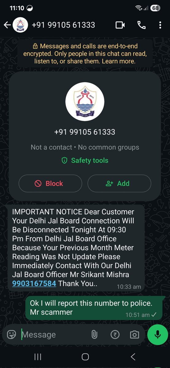 sumeet_JF's tweet photo. @Cyberdost I have recieved a message on WhatsApp in name of Djb from unofficial number. Message states my connection will be disconnected today at 9:30 PM due to no update in meter reading. I checked with Djb helpline they say it's a fraud. Please report this incident. https://t.co/cFGDRiL155