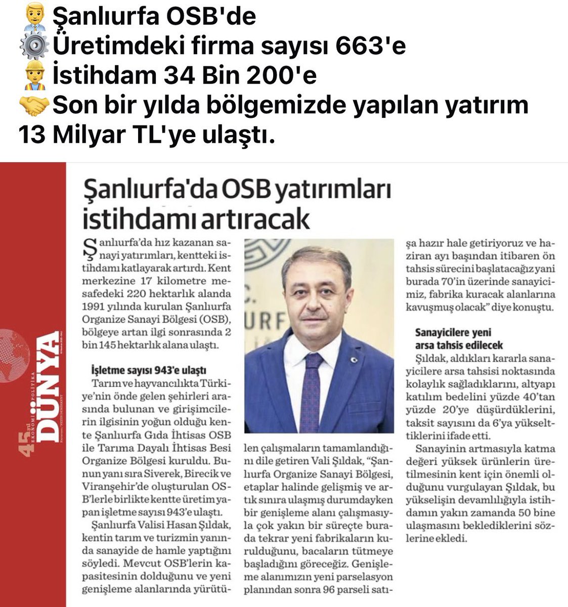 OSB de artan yatırımlarda istihdam payı içinde engelli istihdam sayısıda artmıştır. <a href="/hasansildak/">Hasan ŞILDAK</a> Valimiz, OSBM Osman Oktay ve ekibinin güler yüzlülüğü ve planlamasıyla artmıştır.Artacak yatırımlarda engelli istihdam sayısıda artacaktır.<a href="/RTErdogan/">Recep Tayyip Erdoğan</a> sağolun <a href="/sanliurfatso/">ŞUTSO</a> <a href="/mimar_ihs/">İbrahim HalilSatoğlu</a>