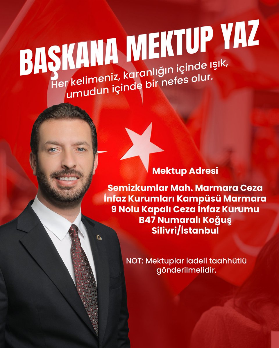 Her kelimeniz, karanlığın içinde ışık, umudun içinde bir nefes olur.

Mektup adresi;

Semizkumlar Mah. Marmara Ceza İnfaz Kurumları Kampüsü 
Marmara 9 Nolu Kapalı Ceza İnfaz Kurumu B47 Numaralı Koğuş
Silivri/İstanbul