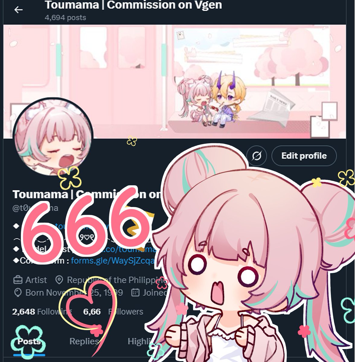 Ayo~
Happy 6~! Yay 
#followers #Vtuber #Artist #Toumart
