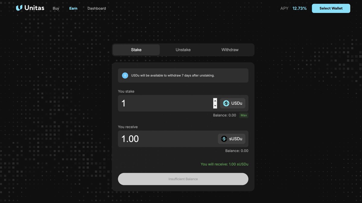 📢 We’re proud to announce the official launch of the #Unitas Beta!

Built for the next era of DeFi, USDU is a yield-bearing stablecoin designed for security, transparency, and real on-chain returns.

This is your chance to earn 12% APY by staking USDU — a yield-bearing