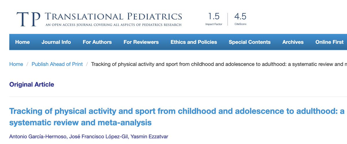 🧠📊 🏃‍♂️👧 ¿Niños activos, adultos activos? No siempre... 😕

Nuestro metaanálisis muestra bajo seguimiento en el tiempo:

👦 AF general: r = 0.14
⚽ Deporte: r = 0.26
📆 Seguimiento medio: 21 años
📉 Cuanto más tiempo pasa, menor la relación

🆓tp.amegroups.org/article/view/1…