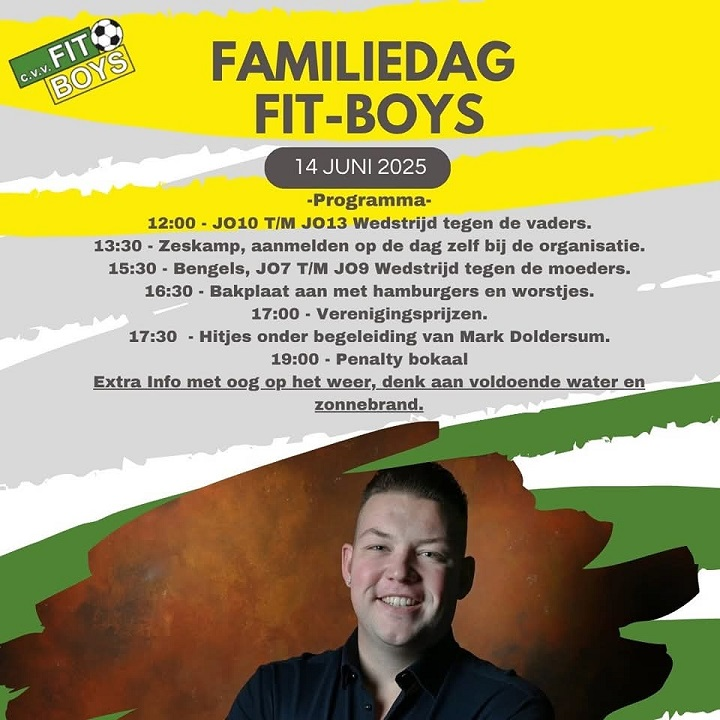 14 juni vanaf 12:00 uur <a href="/cvvFIT_Boys/">cvv FIT Boys</a> Familiedag!

TIP: Neem zonnebrand en water mee!

TOP: We hebben live muziek met hitjes onder begeleiding van Mark Doldersum! markdoldersum.nl

#degezelligsteverenigingvanmiddendrenthe #demooisteclub