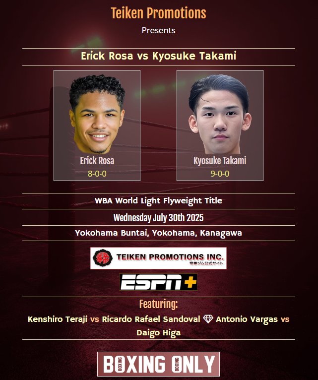 🥊Erick Rosa vs Kyosuke Takami
🏆WBA World Light Flyweight Title
📅Wednesday July 30th
🏟️Yokohama Buntai, Kanagawa 🇯🇵
📢Teiken Promotions
📺ESPN+
🔗boxingonly.net/boxing/erick-r…

#RosaTakami #Boxing #BoxingNews #BoxingOnly5 #JapaneseBoxing