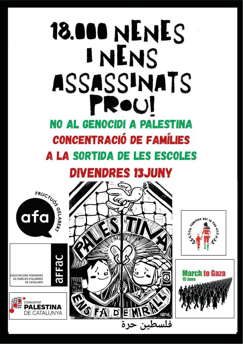 Aquest divendres des de l’AFA ens hem sumat a la convocatòria de <a href="/familiesxlapau/">Famílies Per La Pau</a> i <a href="/affac_cat/">aFFaC</a> en suport a Palestina i contra el genocidi. Convoquem concentració a les 16.30 davant l’escola, abans de començar la festa de final de curs. Podeu portar mocadors palestins o pancartes