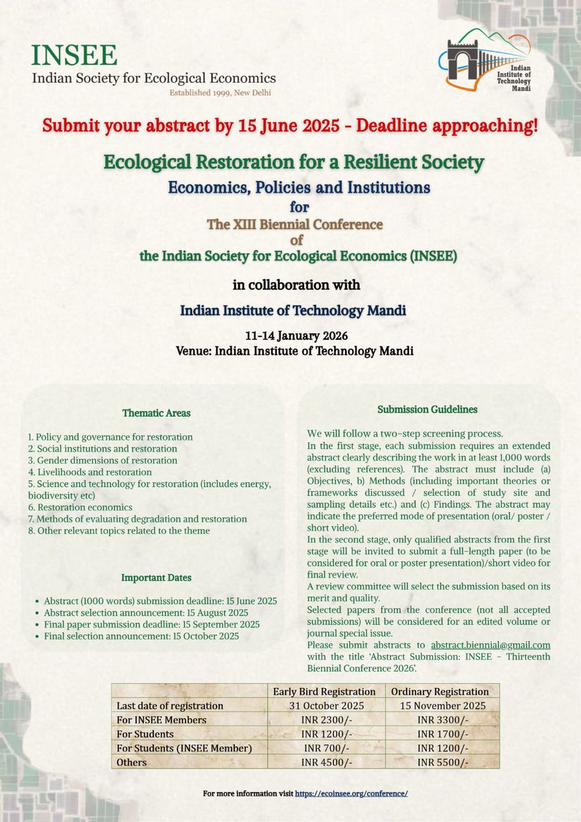 📢 Abstract Deadline is approaching (15 June) 📢

INSEE-Thirteenth Biennial Conference 2026

#inseeconference26 #climatechage #SDG