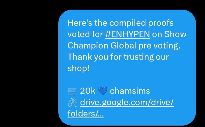 70k + 2.5k free 💙 chamsims were sold for #ENHYPEN on Show Champion Global Pre voting. Thank you for trusting our shop, <a href="/kimcheechaan_/">lucky chee 🍀</a>!

- gdrive links were directly sent to the buyer

#VotesForYourIdol_Proofs <a href="/kpopvotesproofs/">kpopvotesforyouPROOFS</a>