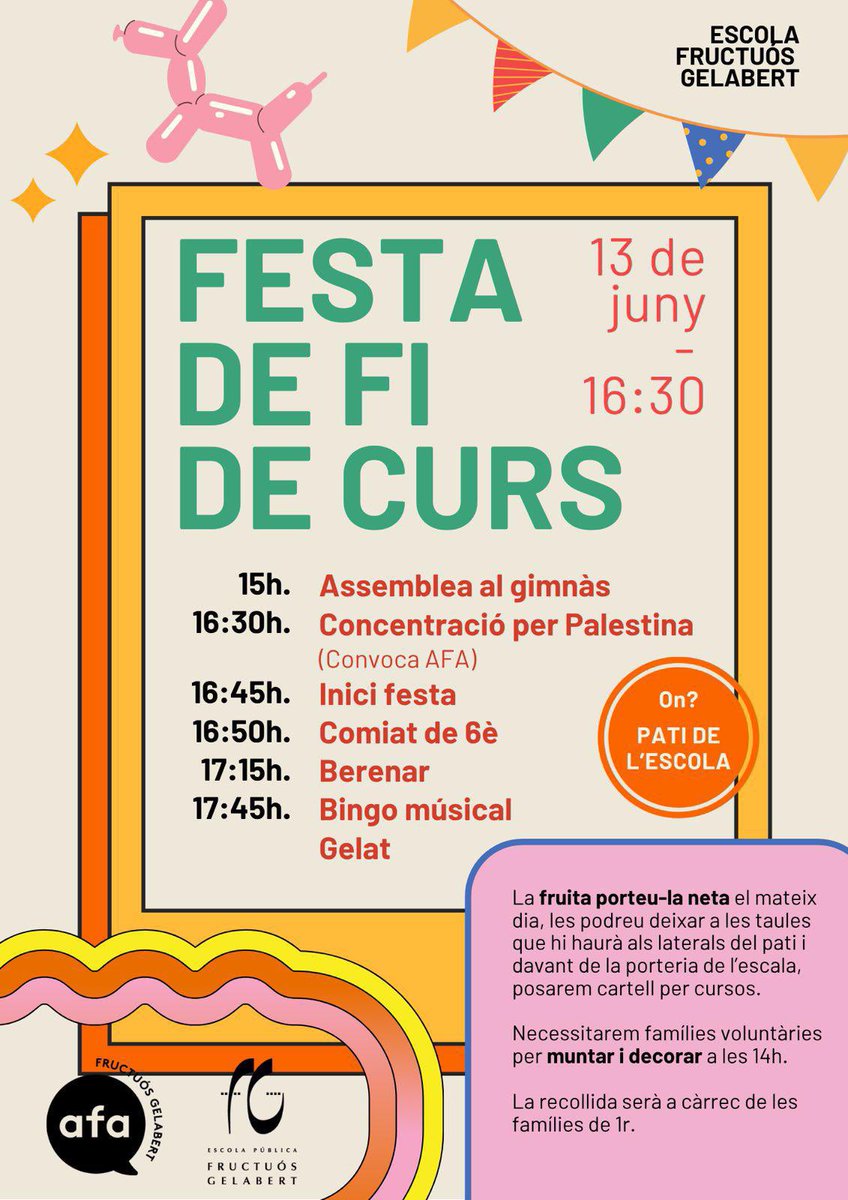 Famílies!
🥳Recordeu que divendres fem la festa de final de curs!
🛑Però primer tenim l’assemblea i la concentració per Palestina. 
🍎🍓🍐i no us oblideu de dur la fruita!