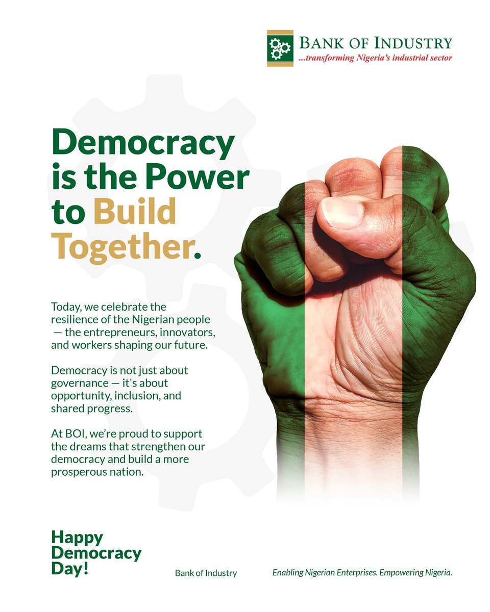 BOINigeria's tweet photo. Happy Democracy Day!

#ThisisBOI #BOIBuildingIndustries #BOINigeria #democracydaynigeria #BOISupports https://t.co/EIe3Lvan7Q