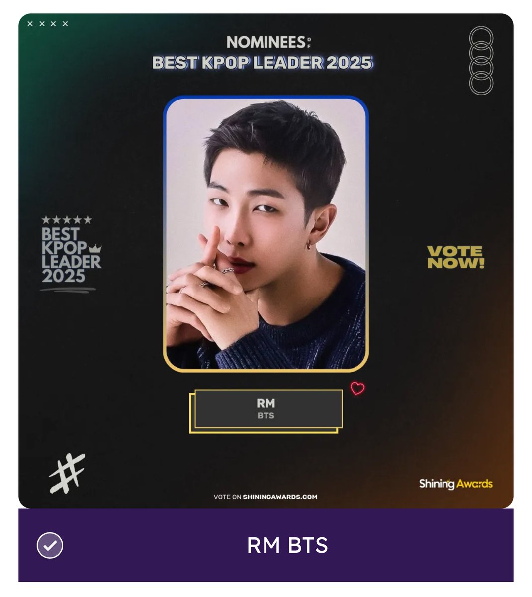 NSS_forRM's tweet photo. [VOTE - SHINING AWARDS]

RM dinominasikan dalam vote shining awards - Best Kpop Leaders 2025. 

📌 Voting berakhir tanggal 30 Juni 2025 
🗳️ Setiap satu jam
‼️ Posisi sementara: #1 (GAP TIPIS 🆘🆘)
🔗 https://t.co/FrRQ9eqkl0
🎁 Donasi atas nama pemenang

#RM #방탄소년단RM #김남준  @BTS_twt