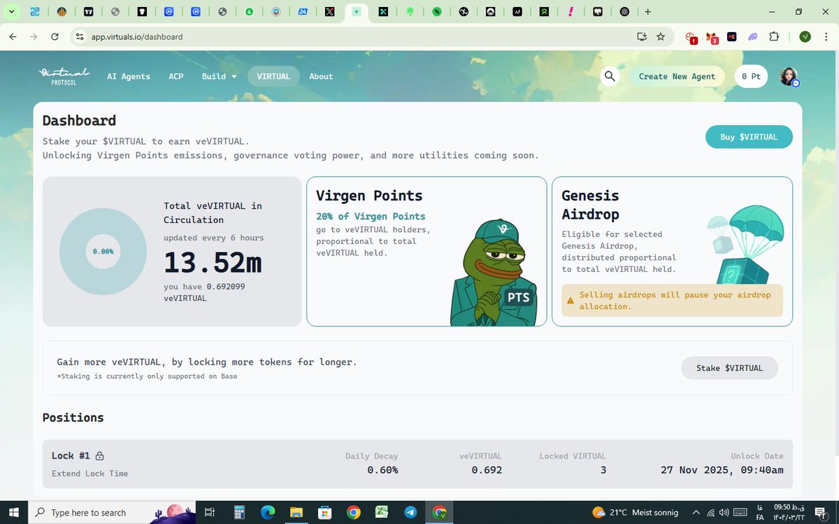Just locked 3 $VIRTUAL on <a href="/VirtualsAI/">Ballsy Brian</a> — earning 0.692 veVIRTUAL so far.
Actively positioning for Virgen Points rewards and the upcoming Genesis Airdrop.
Staking on Base has never looked more promising.
Let’s build the future of AI x DeFi.
#Virtuals #veVIRTUAL #Base #Staking #Web3