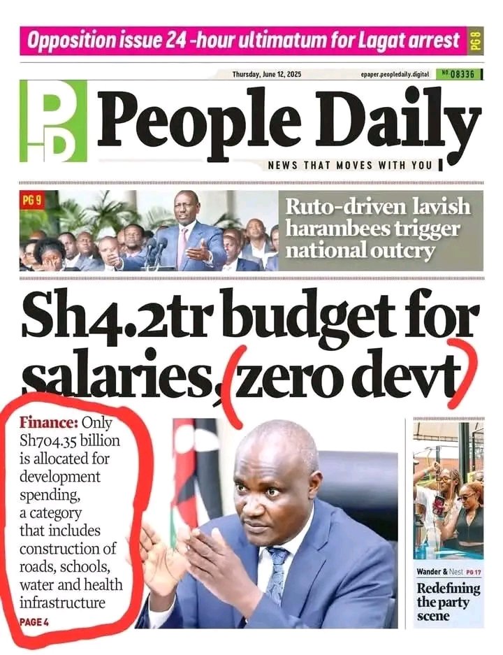 The People Daily thrive on PROPAGANDA and MISINFORMATION.

In their headlines, they've told us ZERO MONEY has been allocated for development in the KES 4.2 trillion budget.

Down their they've clearly stated that KES 704. 35 billion has been allocated for Devt.

Which is which?