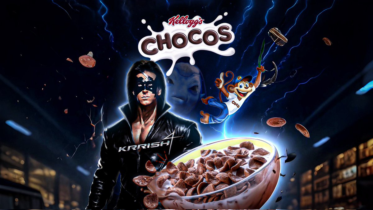 CROZZMIC20's tweet photo. Presenting To You 'Krrish 4 x Kellogg's Chocos' Fan Made Poster.
Soon I will Make Krrish 4 x Kellogg's Chocos Ai Generated Advertisement
#Krrish4 #Krrish #Chocos
@iHrithik @RakeshRoshan_N @KelloggsUS https://t.co/K4AhB38e0e