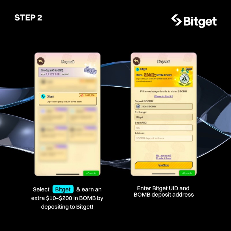 bitget's tweet photo. How to deposit $BOMB @Bombie_xyz to #Bitget with 0⃣ gas fee &amp; share $533,333 BOMB?

1️⃣ Open Bombie bot
2️⃣ Tap "Airdrop" → choose Bitget
3️⃣ Enter UID &amp; deposit address at 10AM (UTC) today!

💰 Follow us &amp; deposit to earn $10–$200 BOMB from a $533,333 $BOMB prize pool — FCFS!