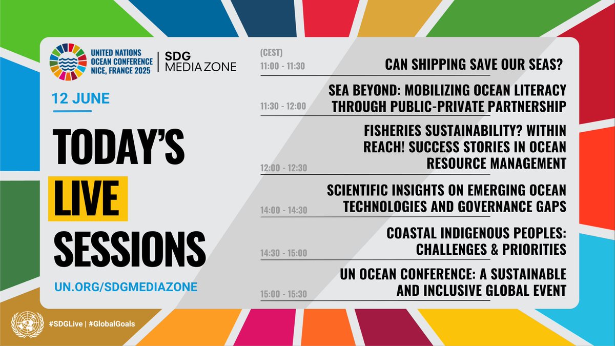 🐳Last day of the SDG Media Zone from the <a href="/UN/">United Nations</a> Ocean Conference. Watch the discussions with UN leaders, ocean experts &amp; youth voices making waves for a sustainable future.
#SaveOurOcean 🦑 #UNOC3
Starting at 11:00 CEST.
Full Programme here: 
un.org/sdgmediazone/p…