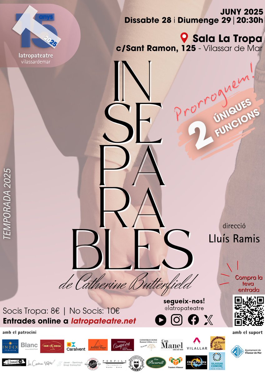Torna "INSEPARABLES"!
2 úniques funcions! 28 i 29 de juny a la Sala La Tropa. Compra les teves entrades aquí: latropateatre.net/entrades/