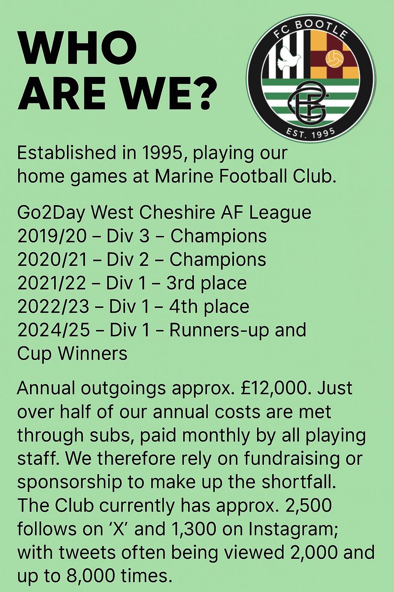 ⚽🚨 Sponsorship Opportunities 

We are on the lookout for some sponsors to help support the team for the upcoming 25/26 season and beyond.

Some examples of the types of sponsorship available and a guideline on prices has been included below.

💚💚