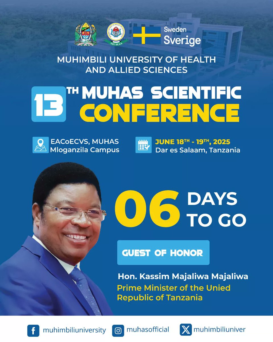 ✍ Just 06 Days to go!! Get ready to explore groundbreaking research and connect with minds at 13th MUHAS Scientific Conference

#ResearchMatters#CountdownToConference