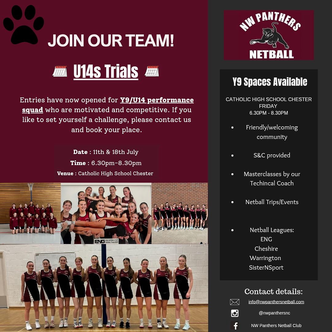 Current U14’s players.  We have a limited number of spaces for the 2025/26 season.  If you want to be trained by experienced coaches be offered the best leagues and go on amazing trips then come along to our open trials details on the poster.  
Email info@nwpanthersnet.com.