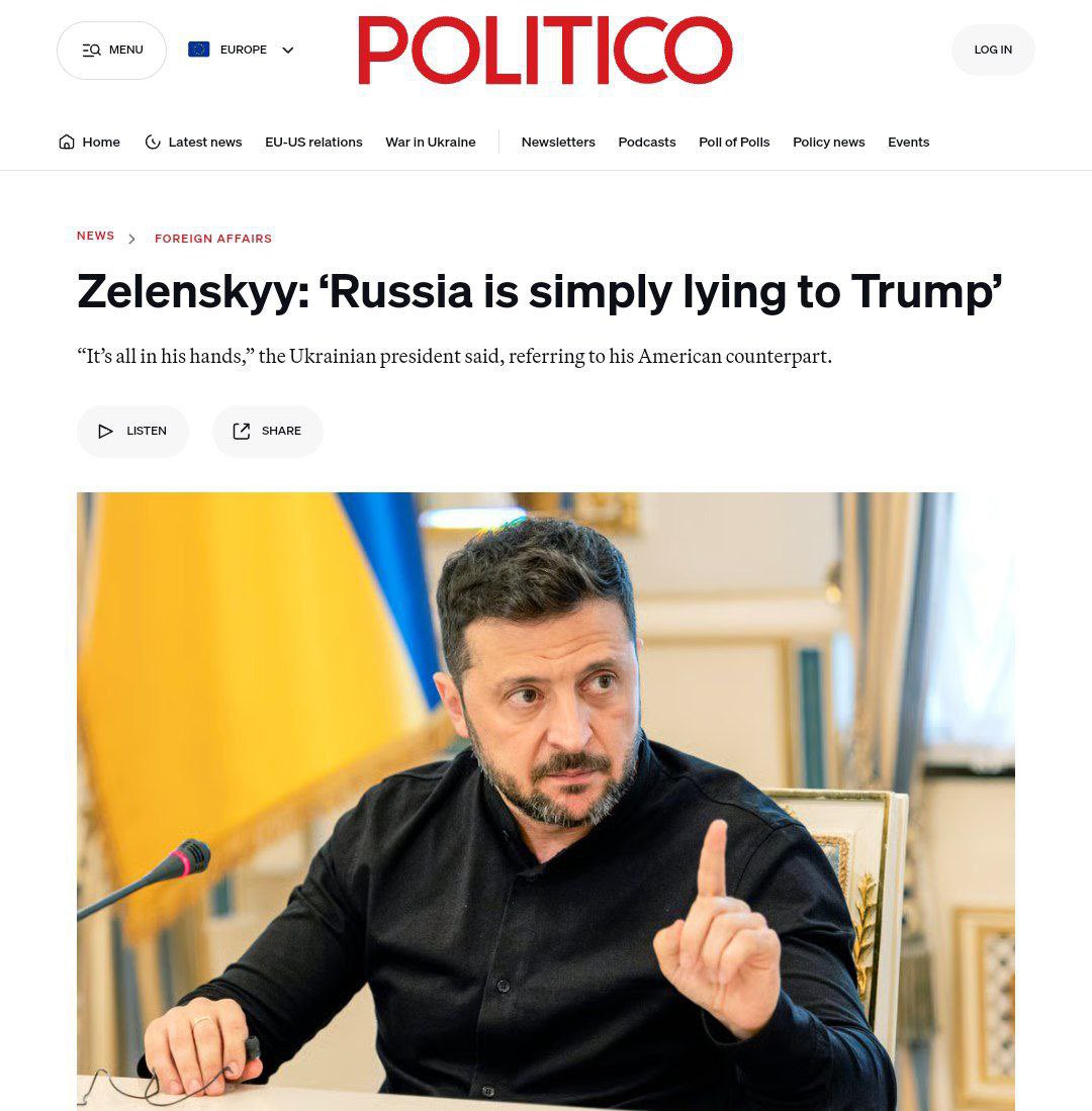 🇺🇦 “Until the end of the war, I will never show a single moment of weakness. And I will never share my dark days with anyone,” — Zelensky in an interview with Politico

📍“Russia is simply lying to Trump...Most heads of state and government share my opinion, and I really hope