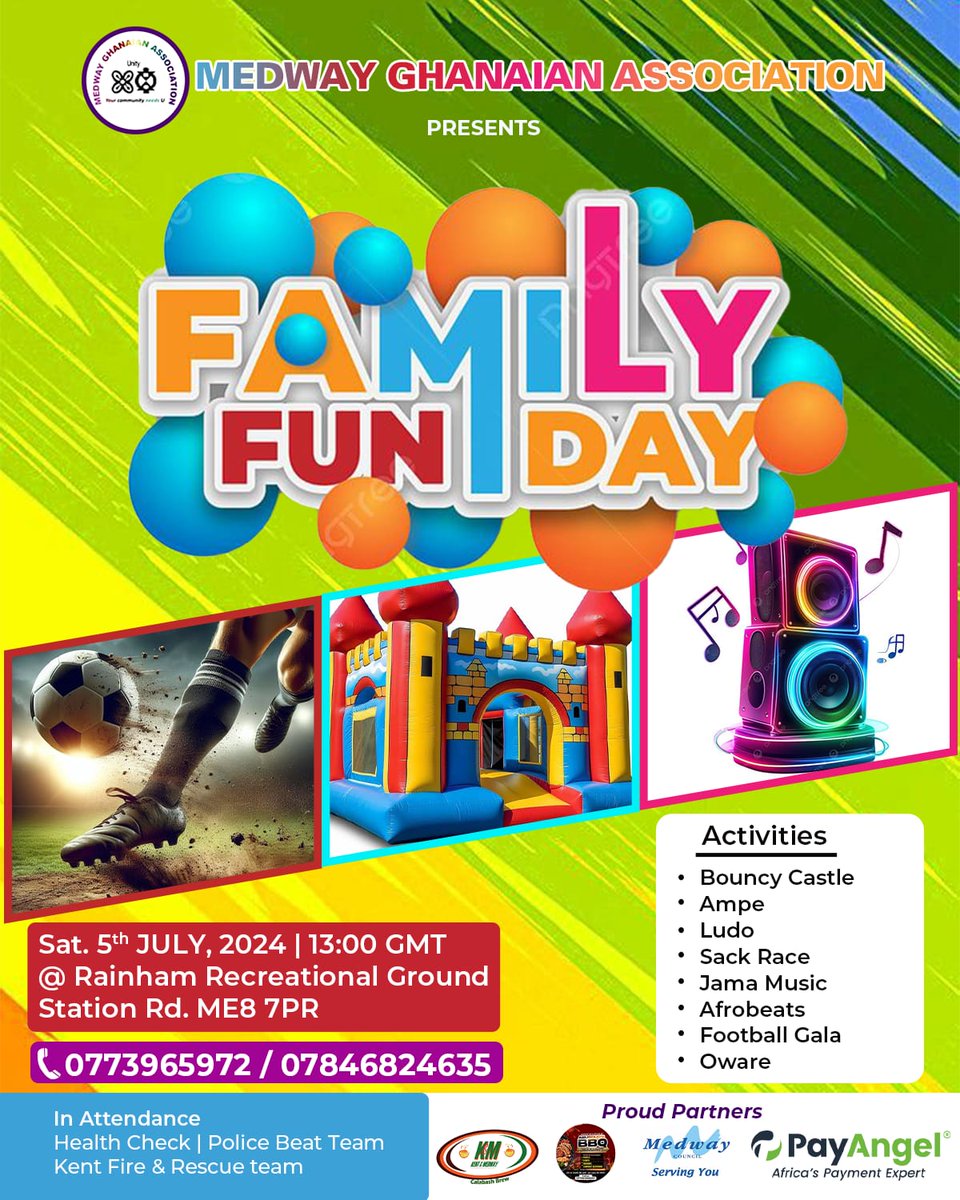 🎉 It’s that time again! Join the Medway Ghanaian Association on 5th July for an epic Family Fun Day 🎈🇬🇭

📍 Rainham Rec Ground 🕐 13:00–18:00 GMT

Food, games, music &amp; memories await — don’t miss out!

#MedwayGhanaianAssociation #FamilyFunDay2025 #GhanaInUK #Medway