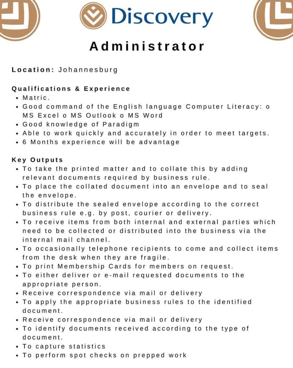 CarolBoitumelo1's tweet photo. Discovery is Hiring 

📌 Entry level ADMINISTRATOR

Estimated Salary: R20,500 

Requirements:
Grade 12 
Must be able to write and read English.
Must be a South African citizen
Hard working person 

Link to Apply: https://t.co/vac0POtVDl https://t.co/wZoFmJO1Xa