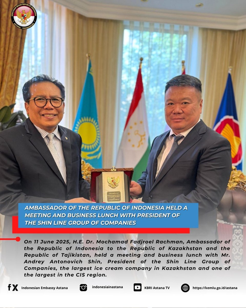 The meeting provided an opportunity to exchange views on current economic developments and explore possible areas of future cooperation.

#inidiplomasi
#TEI2025
#kbriastana
#kbriastanatheservingembassy