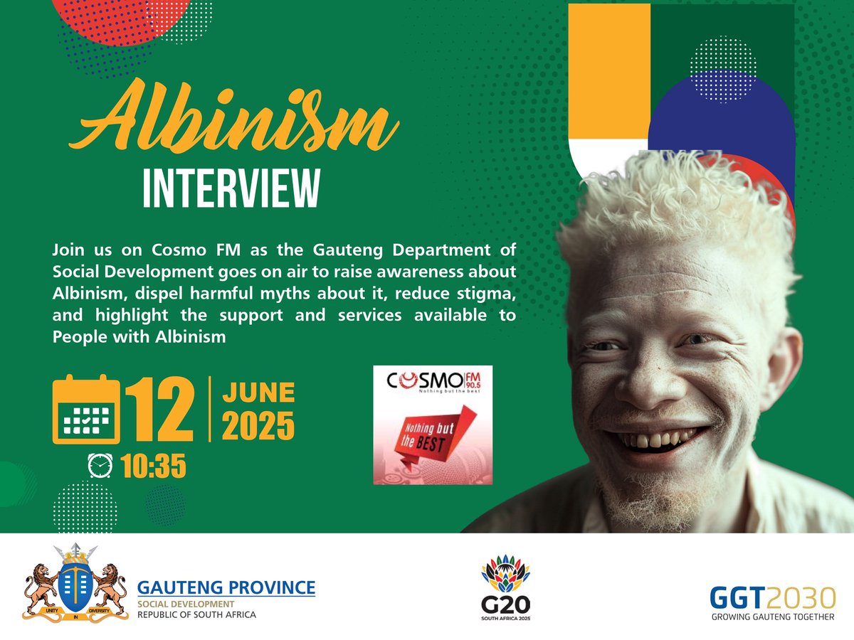 gpgSocDev's tweet image. ⚠️‼️
@gpgSocDev provides support and services to People with #Albinism.

Tune in 📡 at ⏱️ 10:35 on @CosmoFM905  …we will be talking all things #Albinism as we raise awareness, dispel harmful myths and reduce stigma.

#AlbinismAwareness #IamNotMySkin
#BeautyBeyondColour #GGT2030