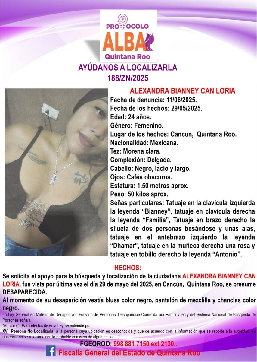 101_jimenez's tweet photo. Gente ayudenos a encontrala por favor. La #FGEQuintanaRoo activa ficha de búsqueda de Alexandra Bianney Can Loria, vista por última vez el 29 de mayo de 2025 en el municipio Benito Juárez, Quintana Roo. Si tiene datos de su paradero comunicarse al 998 8817150 ext. 2130. https://t.co/s65UIq3ud8