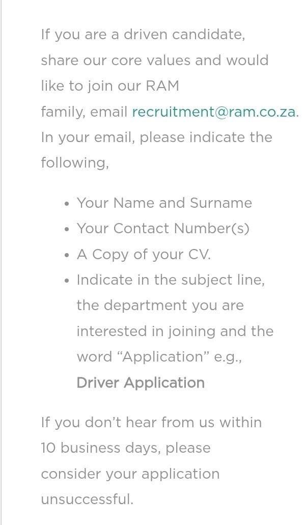 RMakukuli's tweet photo. If you're interested in working at RAM, please send your CV to the provided email and include "Driver Application" in the subject line.

📧Email: recruitment@ram.co.za https://t.co/HE8kK0cH0J