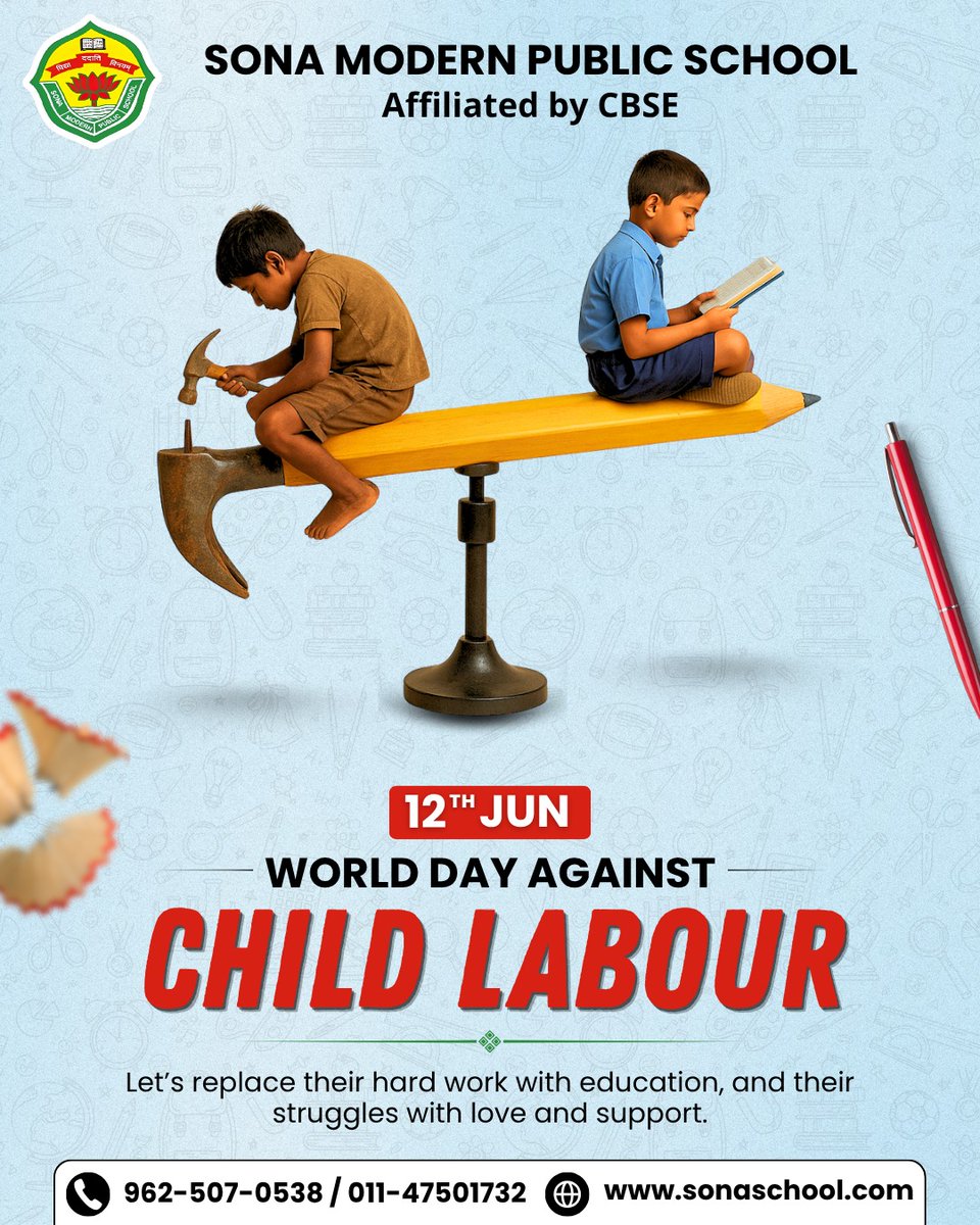 SMPSKhanpur's tweet photo. No child should hold a hammer when they deserve to hold a book.
This 12th June, let’s raise our voices to replace child labour with education, care, and opportunities.
At Sona Modern Public School, we stand for every child’s right to learn, grow, and dream freely.

#Smps https://t.co/IGv7oCY6R4