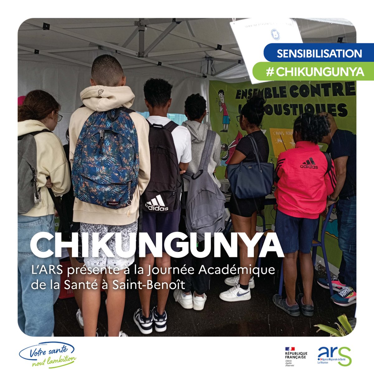 #chikungunya 🦟 I L’ARS présente à la Journée Académique de la Santé à Saint-Benoît 

Près de 150 élèves et 20 adultes ont été sensibilisés aux bons gestes pour lutter contre les moustiques.
Sur leur stand, les agents de l’ARS La Réunion ont animé des ateliers ludiques et