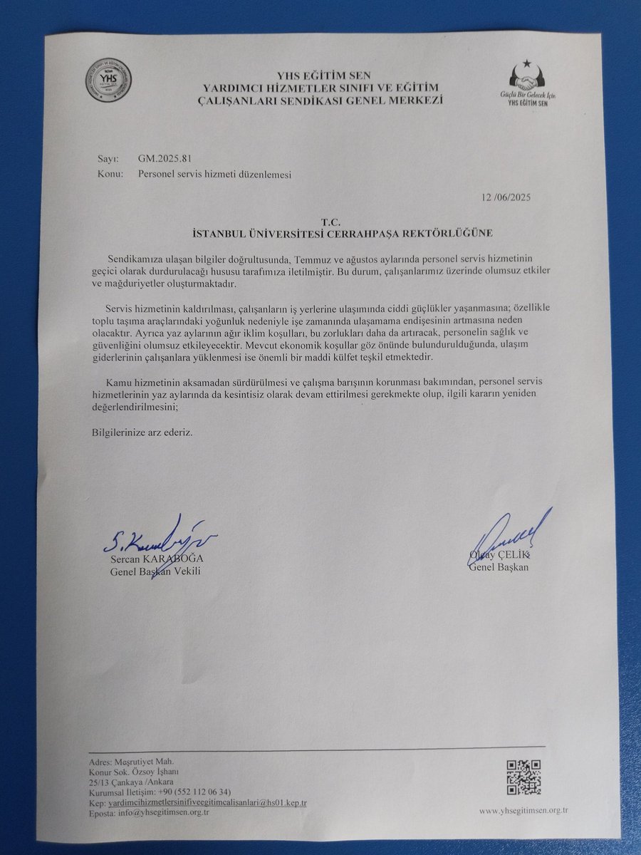 Yardımcı Hizmetler Sınıfı Eğitim Sendikası (@yhsegitimsen) on Twitter photo İstanbul Üniversitesi Cerrahpaşa Rektörlüğüne Personel servis hizmetinin durdurulmaması için ilgili yazımızı yazdık #MemurHaklı
#MemurumaDokunma
<a href="/yhsegitimsen/">Yardımcı Hizmetler Sınıfı Eğitim Sendikası</a> <a href="/yhsplatform/">Yardımcı Hizmetler Sınıfı Platformu</a> <a href="/YhsPlatformu/">Yardımcı Hizmetler Sınıfı Dayanışma Birliği</a> <a href="/Olcay_Celik/">Olcay Çelik</a> <a href="/SercanKaraboga_/">Sercan KARABOĞA</a> <a href="/musadurdu28/">Musa Durdu</a> <a href="/ERSNATLI5834/">ERSİN ATLI</a> <a href="/ksinan18/">Sinan KAYA</a> <a href="/SalihBirinci61/">Salih BİRİNCİ</a> İstanbul Üniversitesi Cerrahpaşa Rektörlüğüne Personel servis hizmetinin durdurulmaması için ilgili yazımızı yazdık #MemurHaklı
#MemurumaDokunma
<a href="/yhsegitimsen/">Yardımcı Hizmetler Sınıfı Eğitim Sendikası</a> <a href="/yhsplatform/">Yardımcı Hizmetler Sınıfı Platformu</a> <a href="/YhsPlatformu/">Yardımcı Hizmetler Sınıfı Dayanışma Birliği</a> <a href="/Olcay_Celik/">Olcay Çelik</a> <a href="/SercanKaraboga_/">Sercan KARABOĞA</a> <a href="/musadurdu28/">Musa Durdu</a> <a href="/ERSNATLI5834/">ERSİN ATLI</a> <a href="/ksinan18/">Sinan KAYA</a> <a href="/SalihBirinci61/">Salih BİRİNCİ</a>
