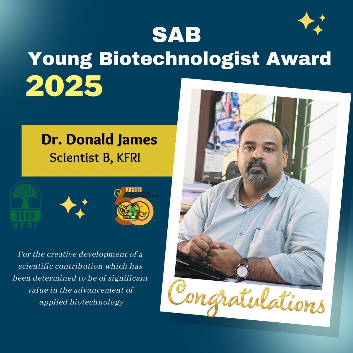Congratulations to Dr. Donald James  for being awarded the 2025 SAB Young Biotechnologist Award by the Society for Applied Biotechnology!